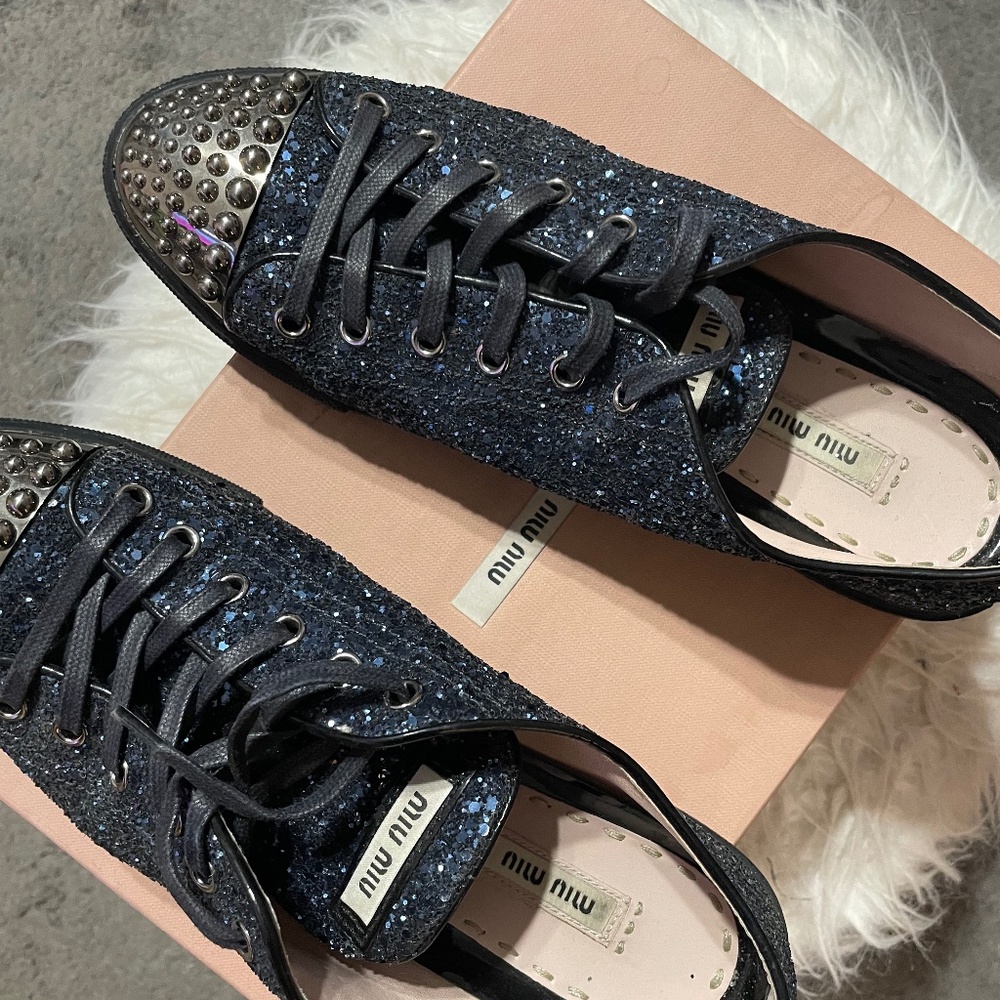 Authentic Miu Miu blue glitter studded women sneakers size 40